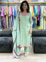 Aqua Mint Silk Suit with Pom-Pom Dupatta