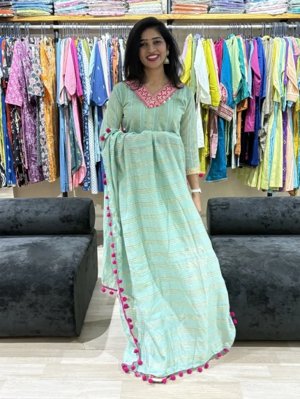 Aqua Mint Silk Suit with Pom-Pom Dupatta
