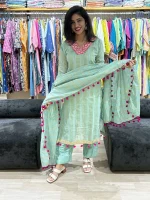 Aqua Mint Silk Suit with Pom-Pom Dupatta