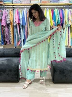 Aqua Mint Silk Suit with Pom-Pom Dupatta
