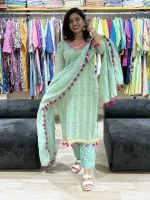 Aqua Mint Silk Suit with Pom-Pom Dupatta