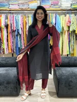 Black Contrast South Cotton Kurta Pant Set with Dupatta