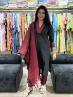 Black Contrast South Cotton Kurta Pant Set with Dupatta