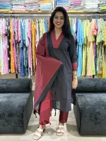 Black Contrast South Cotton Kurta Pant Set with Dupatta