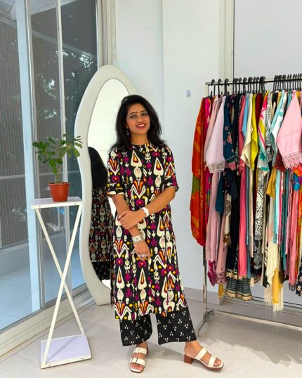 Black Ikat Printed Kurta Palazzo Set