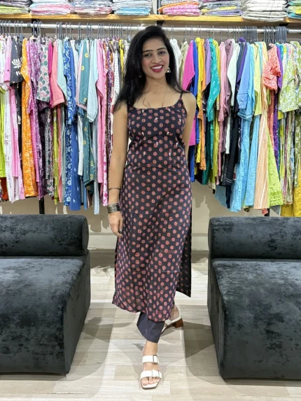 Block Printed Straight Kurta Pant Set in Spaghetti style