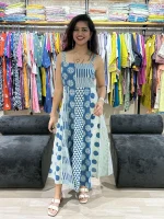 Blue Block Printed Cotton One Piece Dress