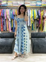 Blue Block Printed Cotton One Piece Dress