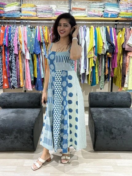 Blue Block Printed Cotton One Piece Dress