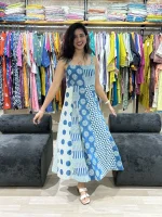 Blue Block Printed Cotton One Piece Dress