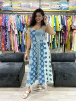 Blue Block Printed Cotton One Piece Dress