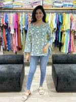 Blue Floral Print Cold-Shoulder Cotton Tunic Top