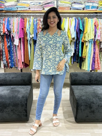 Blue Floral Print Cold-Shoulder Cotton Tunic Top