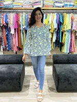 Blue Floral Print Cold-Shoulder Cotton Tunic Top