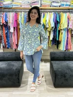 Blue Floral Print Cold-Shoulder Cotton Tunic Top
