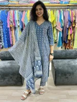 Blue Printed Cotton Suit Set with Dupatta