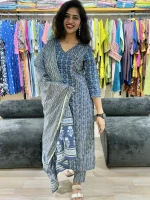 Blue Printed Cotton Suit Set with Dupatta
