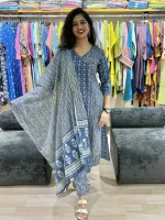 Blue Printed Cotton Suit Set with Dupatta