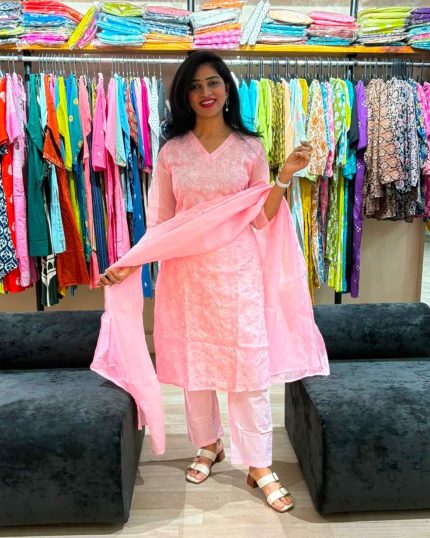Blush Elegance Embroidered Suit Set with Dupatta