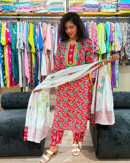 Crimson Floral Cotton Suit Set