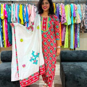 Crimson Floral Cotton Suit Set