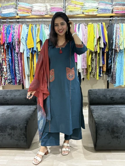 Embroidered Kurta Pant Set with Printed Dupatta