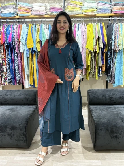 Embroidered Kurta Pant Set with Printed Dupatta
