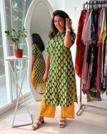 Emerald Green Leaf Printed Kurti Palazo Set
