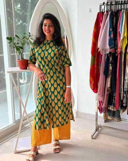 Emerald Green Leaf Printed Kurti Palazo Set