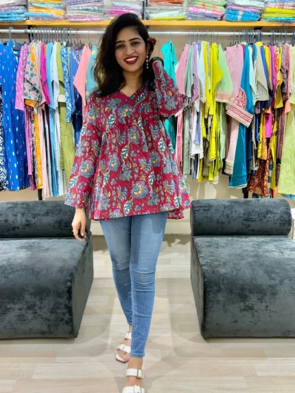 Floral Print Alia Cut Style Cotton Tunic Top