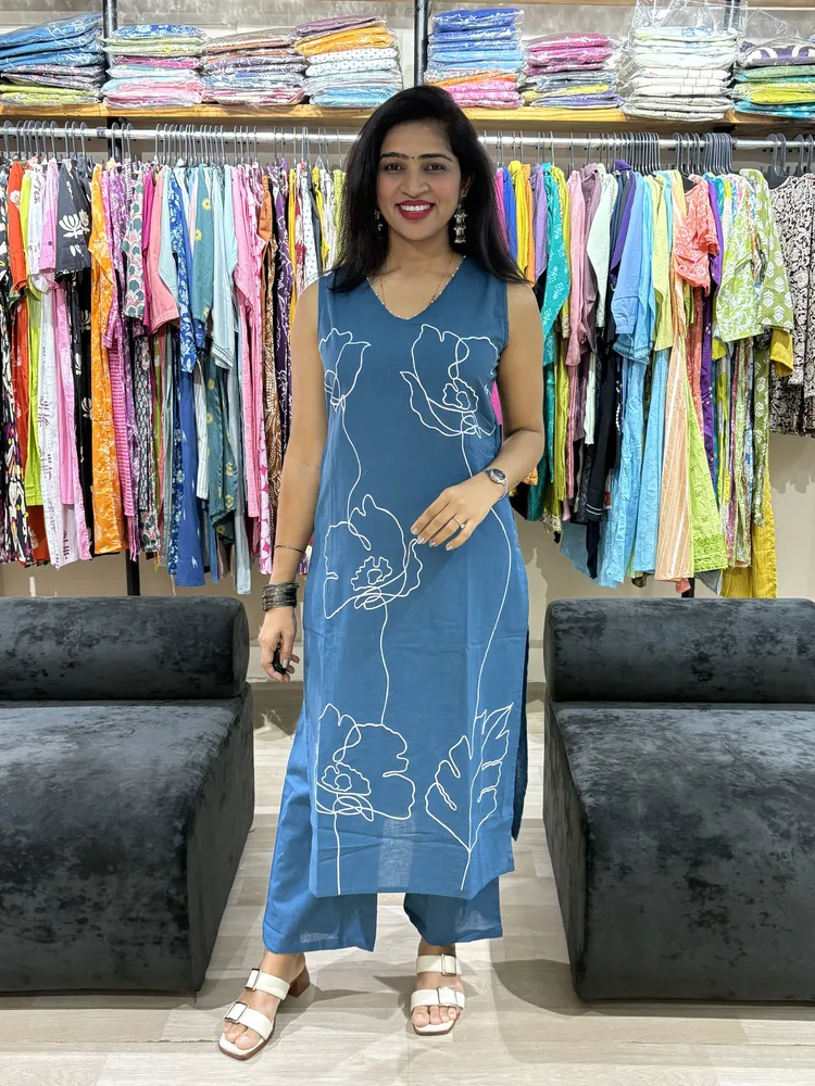 Teal Blue Floral Heavy Embroidery Straight Kurta Pant Set