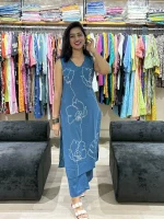 Teal Blue Floral Heavy Embroidery Straight Kurta Pant Set