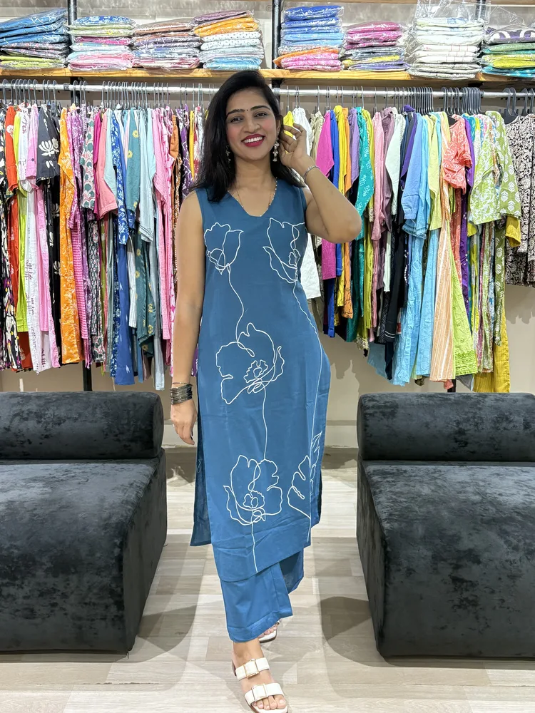 Teal Blue Floral Heavy Embroidery Straight Kurta Pant Set