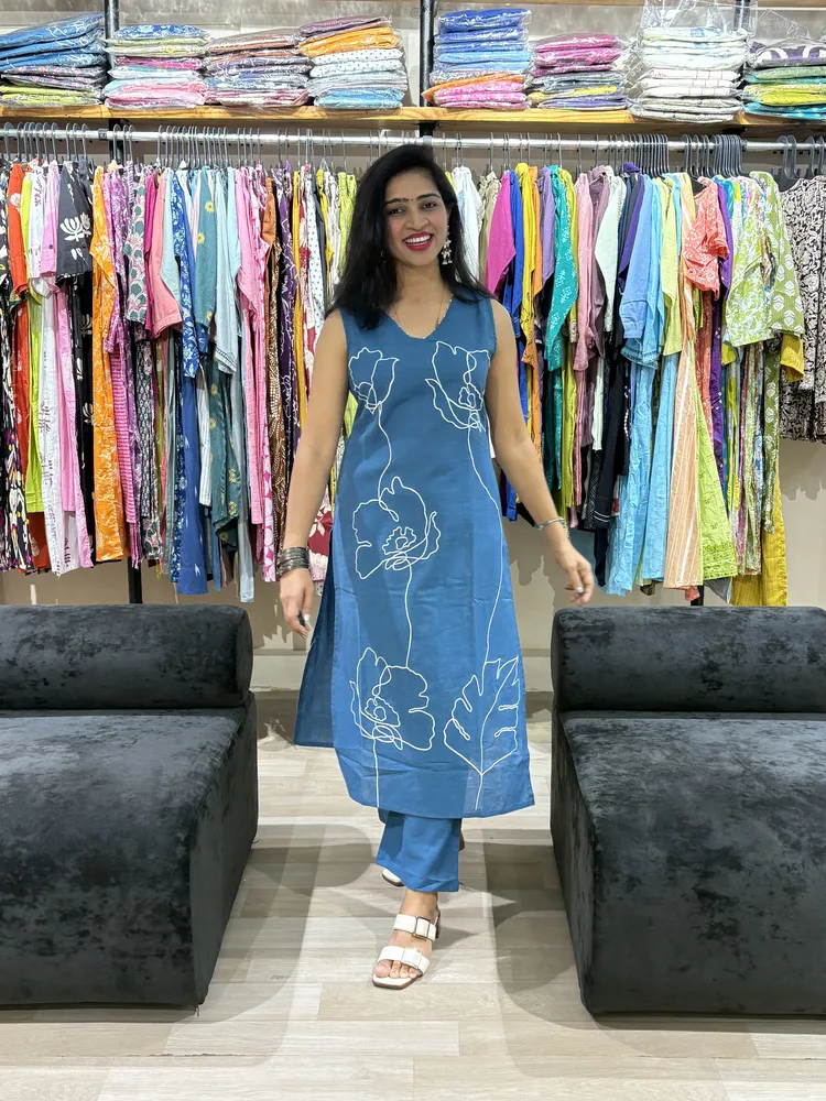 Teal Blue Floral Heavy Embroidery Straight Kurta Pant Set