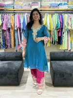 Kashmiri Style Royal Teal Embroidered Kurta Pant Set