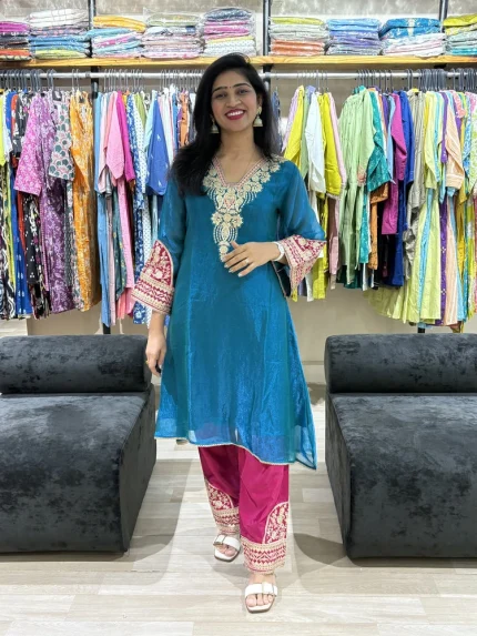 Kashmiri Style Royal Teal Embroidered Kurta Pant Set