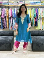 Kashmiri Style Royal Teal Embroidered Kurta Pant Set