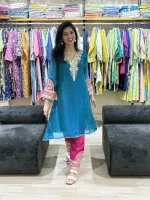 Kashmiri Style Royal Teal Embroidered Kurta Pant Set