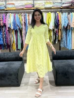 Lemon Yellow Embroidered Flared One-Piece Dress-5_result