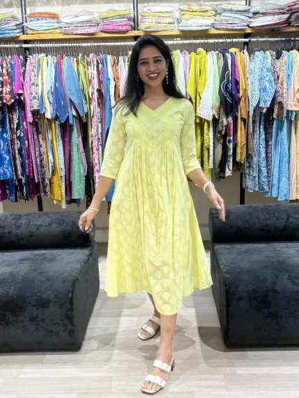 Lemon Yellow Embroidered Flared One-Piece Dress-5_result