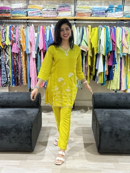 Lime Bloom Embroidered Kurta Pant Set