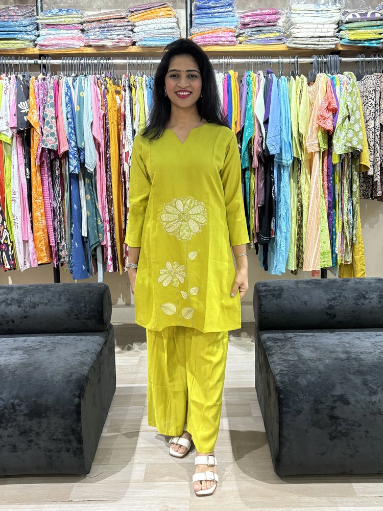 Lime Green Embroidered Kurta Palazzo Set
