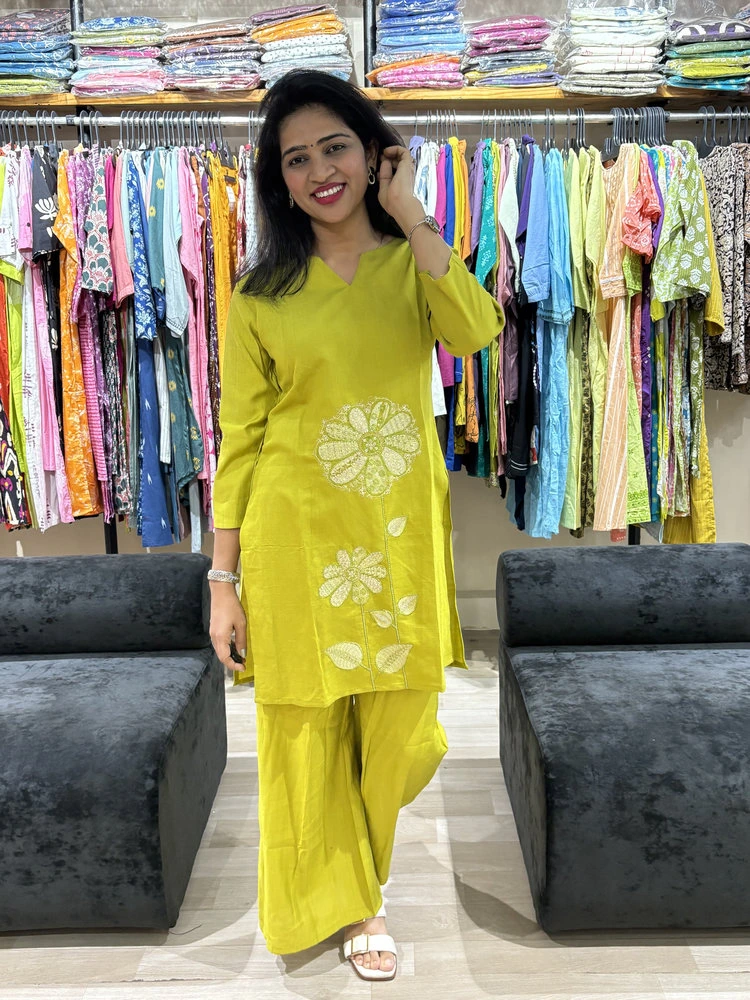 Lime Green Embroidered Kurta Palazzo Set