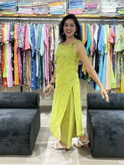 Lime Green Jamdani self Weaving spagetti style Straight Kurti Pant Set