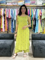 Lime Green Jamdani self Weaving spagetti style Straight Kurti Pant Set
