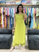 Lime Green Jamdani self Weaving spagetti style Straight Kurti Pant Set