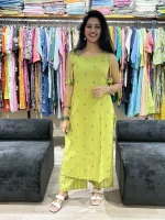 Lime Green Jamdani self Weaving spagetti style Straight Kurti Pant Set
