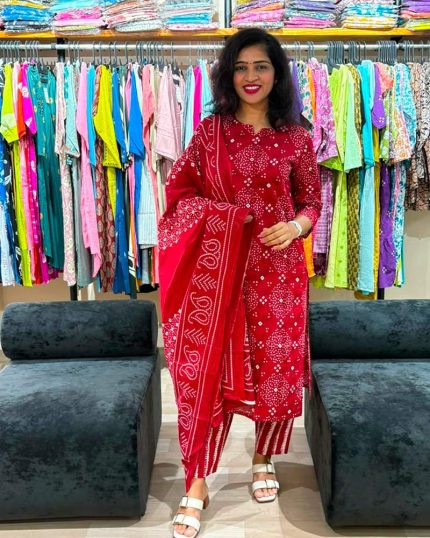 Maroon Bandhani Cotton Suit Set