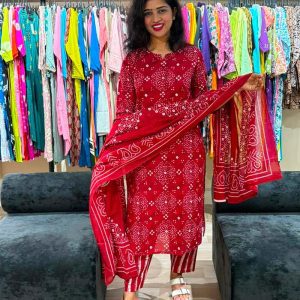 Maroon Bandhani Cotton Suit Set