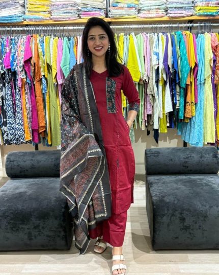 Maroon Elegance Straight Suit Set with Printed Dupatta first
